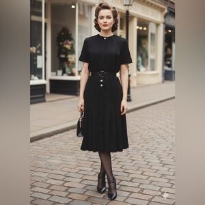 Ambria Vintage 100% Silk Black Dress Petite 6 P6 Pleated Button Front Mid-Length